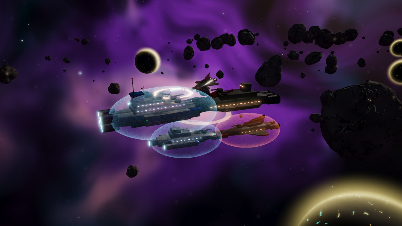 Star I/O warships with energy shields clashing inside a purple nebula